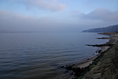 Veilje-Fjord, hier vorne stehen Meerforellen. Heute ist allerdings sehr wenig Wasser im Fjord